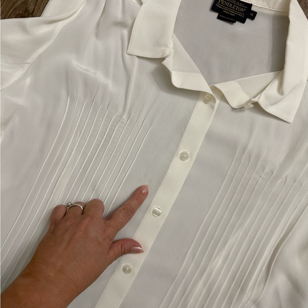 Pendleton • 100% Silk Pintuck Ivory Button Front … - image 5